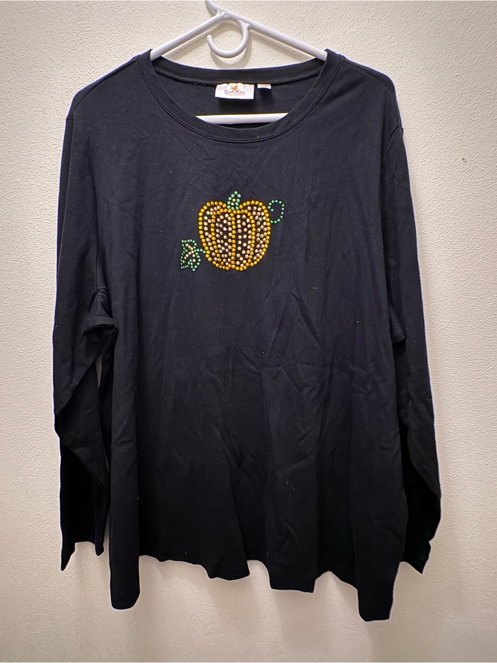 Quaker Factory Long-Sleeve Pumpkin Rhinestone Top